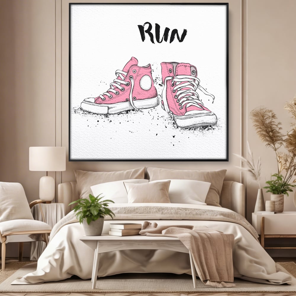Tablou canvas cu illustratie cu adidasi roz si mesaj, in rama de aluminiu negru, pe perete intr-un dormitor